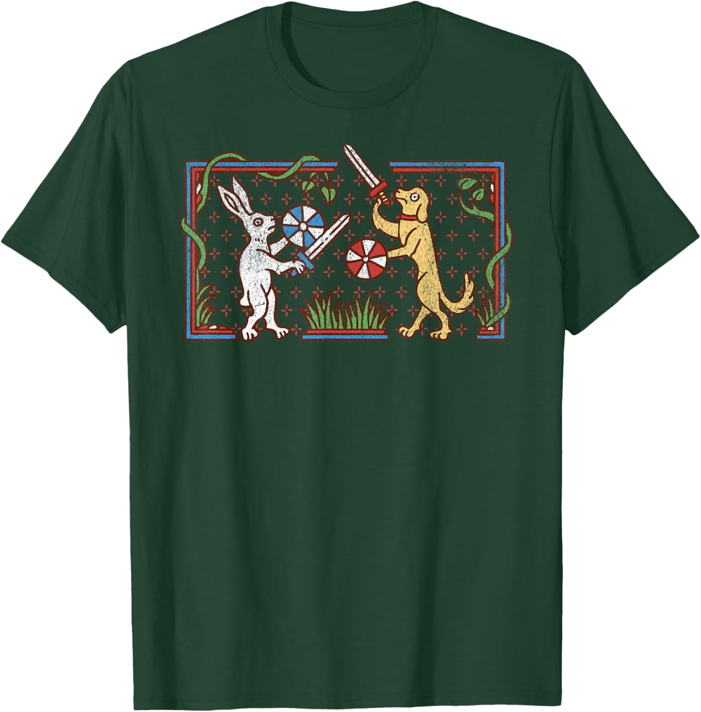 Medieval Rabbit & Dog Sword Fighting Cute Vintage Retro Men Women Girls Kids T-Shirt - T-Shirt | Forest
