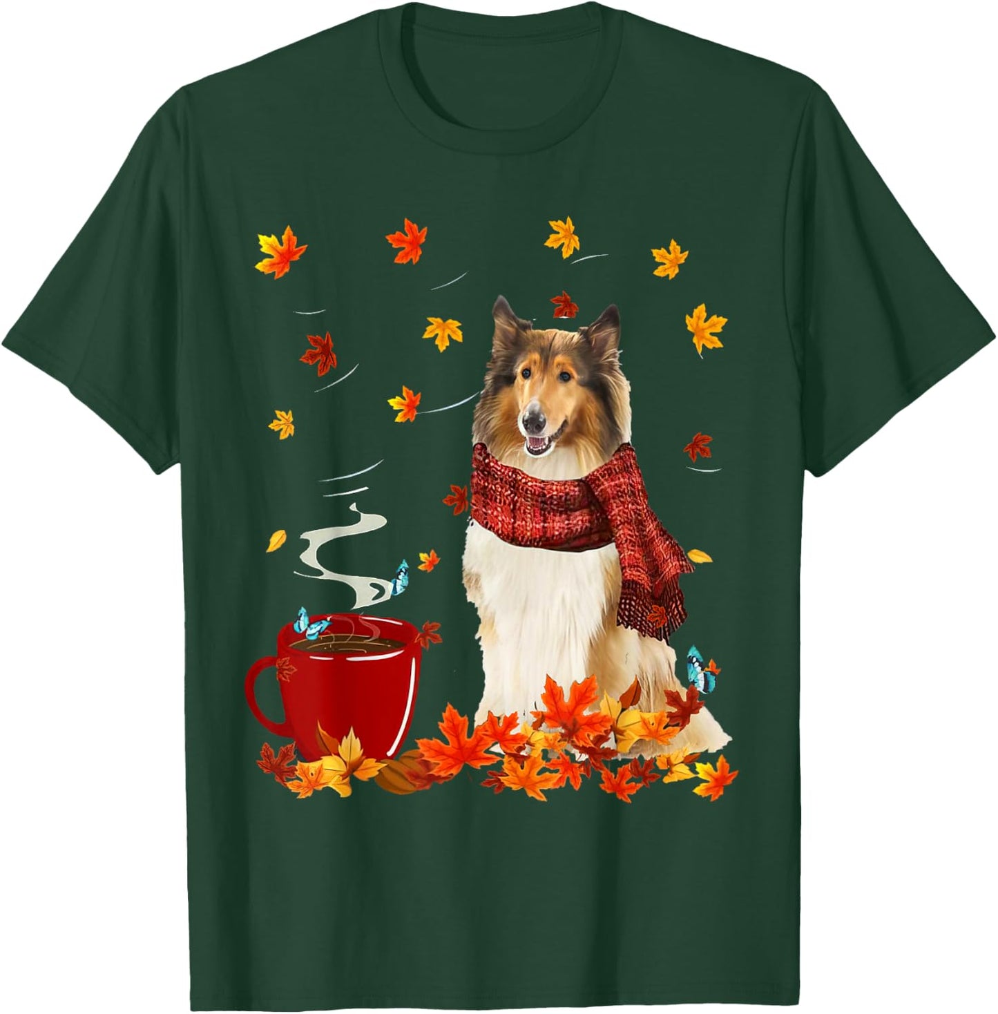 Rough Collie Fall Red Scarf Autumn Leaf For Dog Lover T-Shirt - T-Shirt | Forest