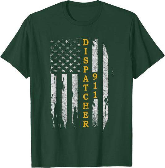 Thin Gold Line Flag American USA Patriotic 911 Dispatcher T-Shirt - T-Shirt | Forest
