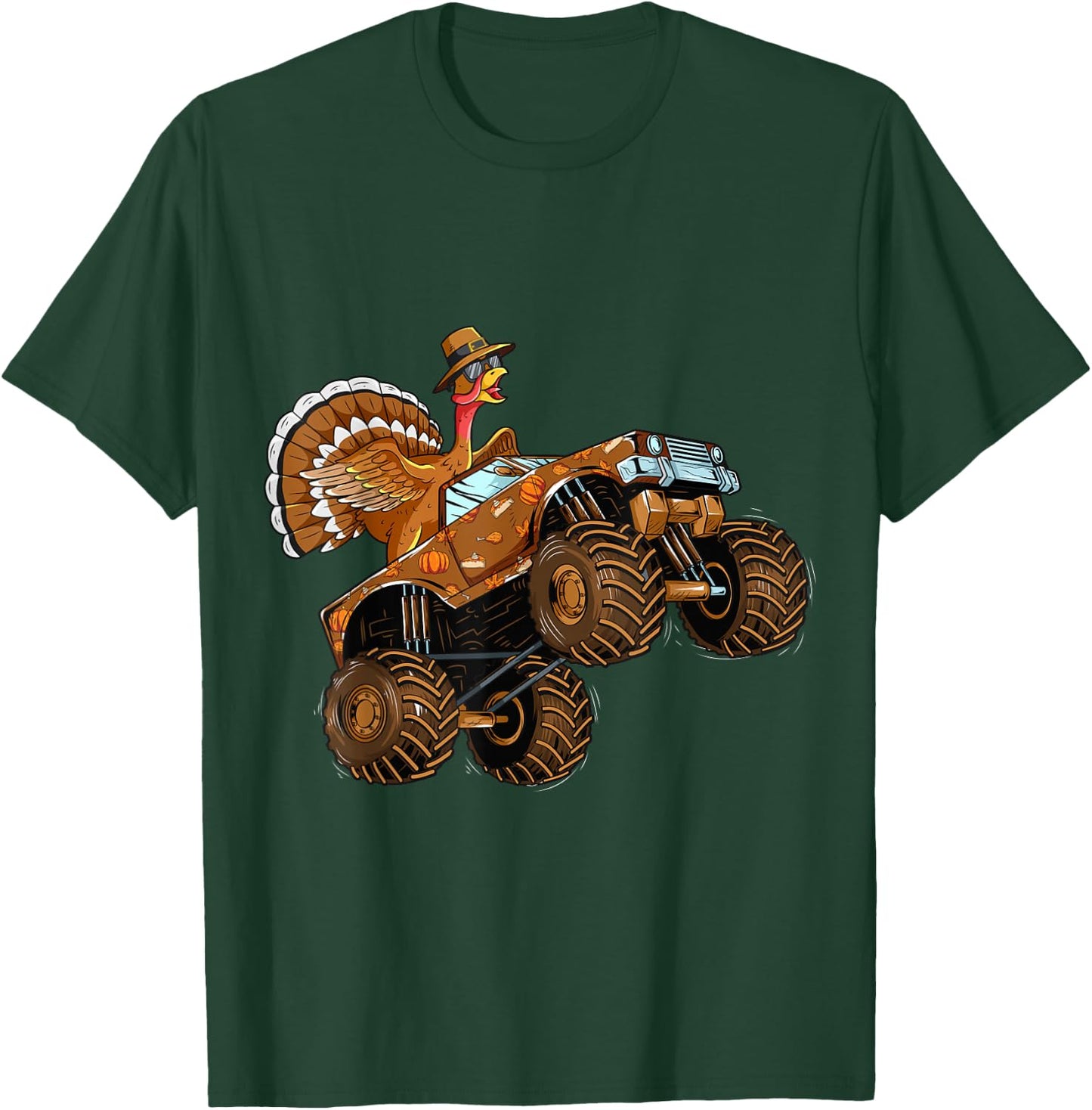 Thanksgiving Turkey Riding Monster Truck For Boys Girls Kids T-Shirt - T-Shirt | Forest