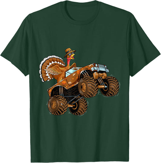 Thanksgiving Turkey Riding Monster Truck For Boys Girls Kids T-Shirt - T-Shirt | Forest