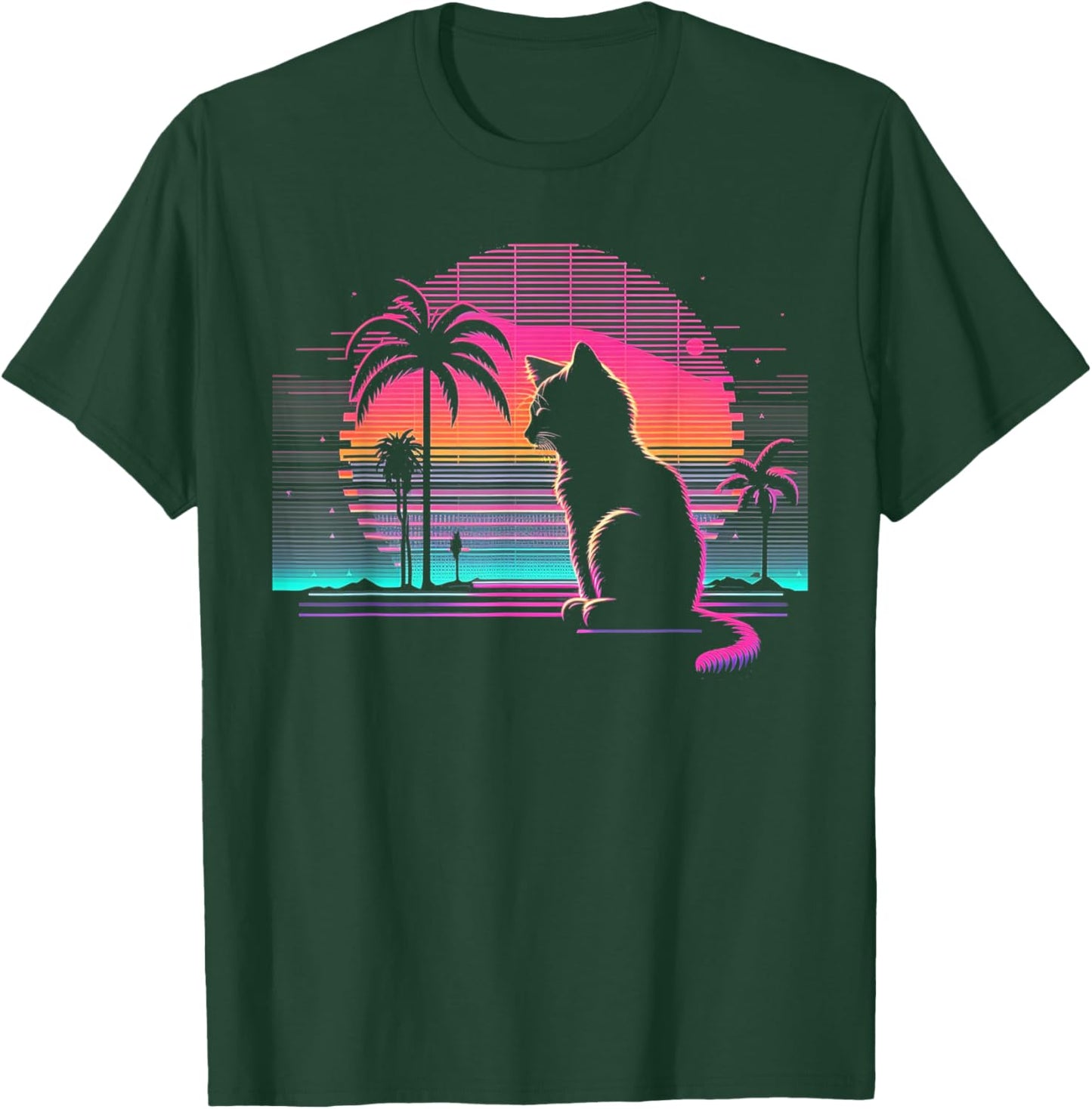 Cat Vaporwave Retrowave Aesthetic Synthwave 80s Palm Tree T-Shirt - T-Shirt | Forest