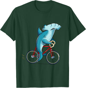 Hammerhead Shark Riding Bicycle Cute Biker T-Shirt - T-Shirt | Forest