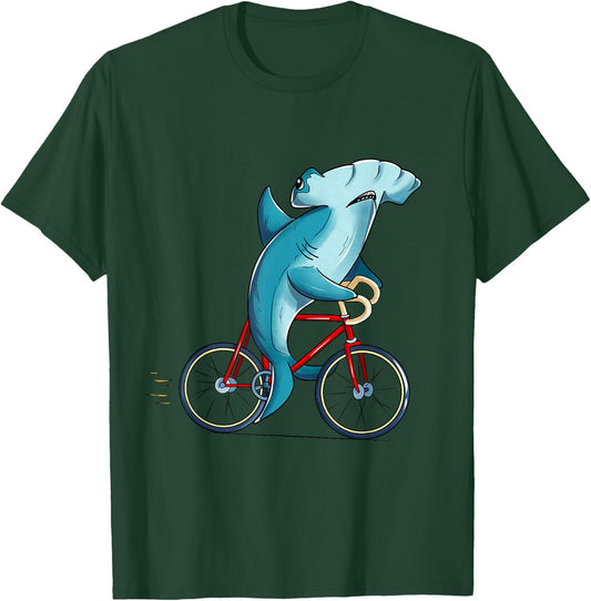 Hammerhead Shark Riding Bicycle Cute Biker T-Shirt - T-Shirt | Forest