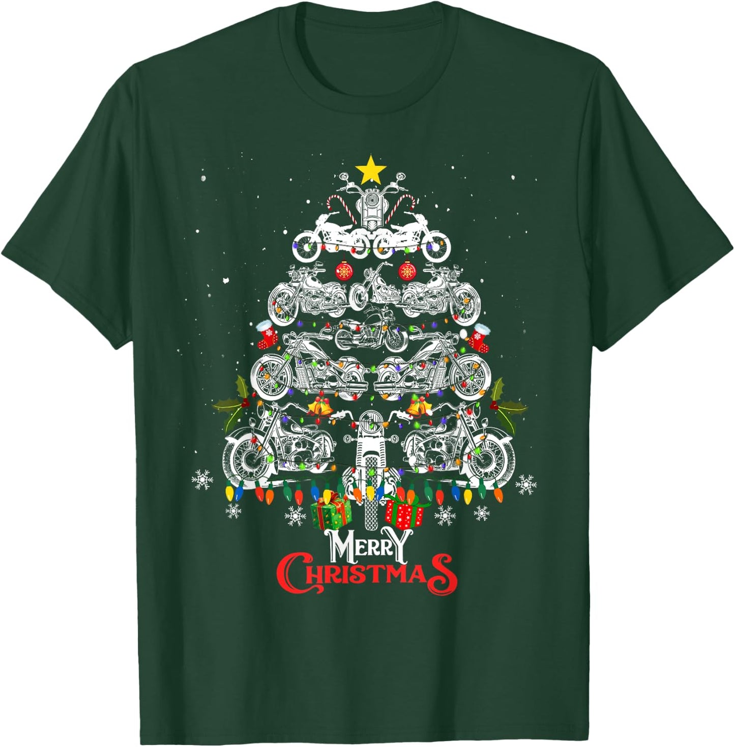 Merry Christmas Motorcycle Tree Christmas Lights Biker Xmas T-Shirt - T-Shirt | Forest