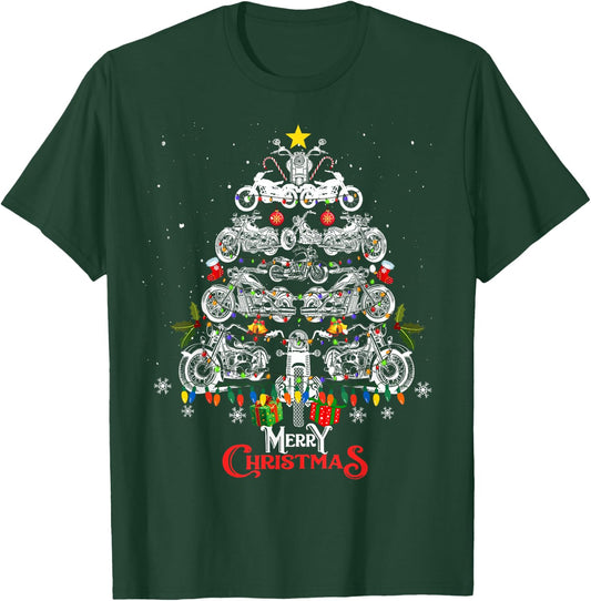 Merry Christmas Motorcycle Tree Christmas Lights Biker Xmas T-Shirt - T-Shirt | Forest