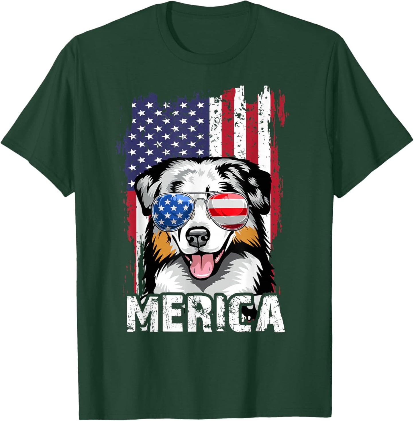 Australian Shepherd 4th of July Merica USA Flag Aussie Dog T-Shirt - T-Shirt | Forest