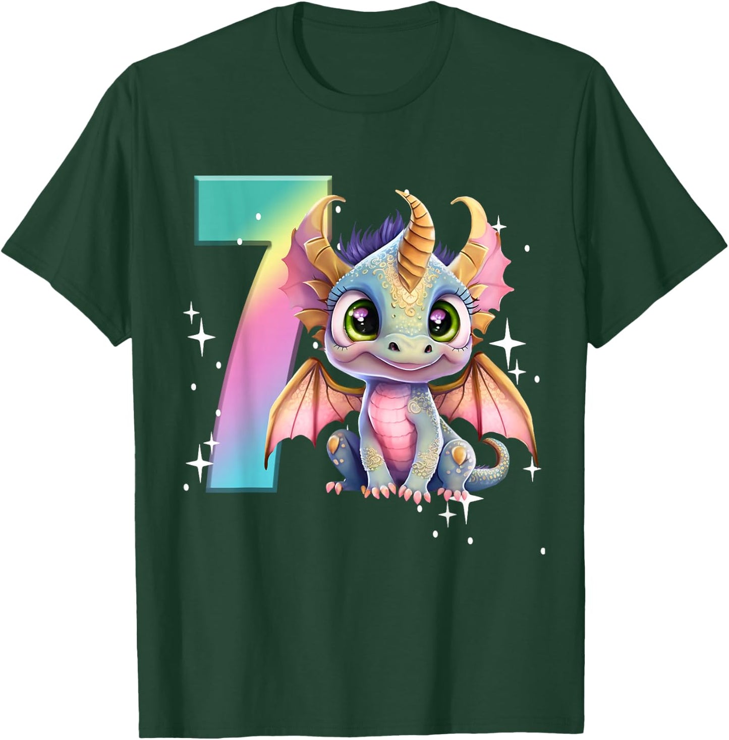 7th Birthday Shirt Dragon Party Rainbow Girl Dragon Seven 7 T-Shirt - T-Shirt | Forest