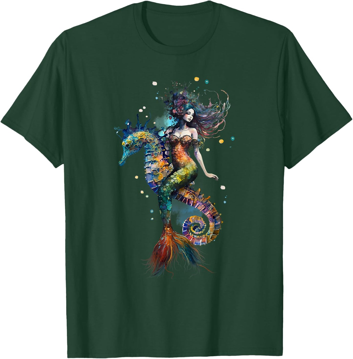 Mermaid Riding Seahorse Fantasy Ocean Mythical Creature T-Shirt - T-Shirt | Forest