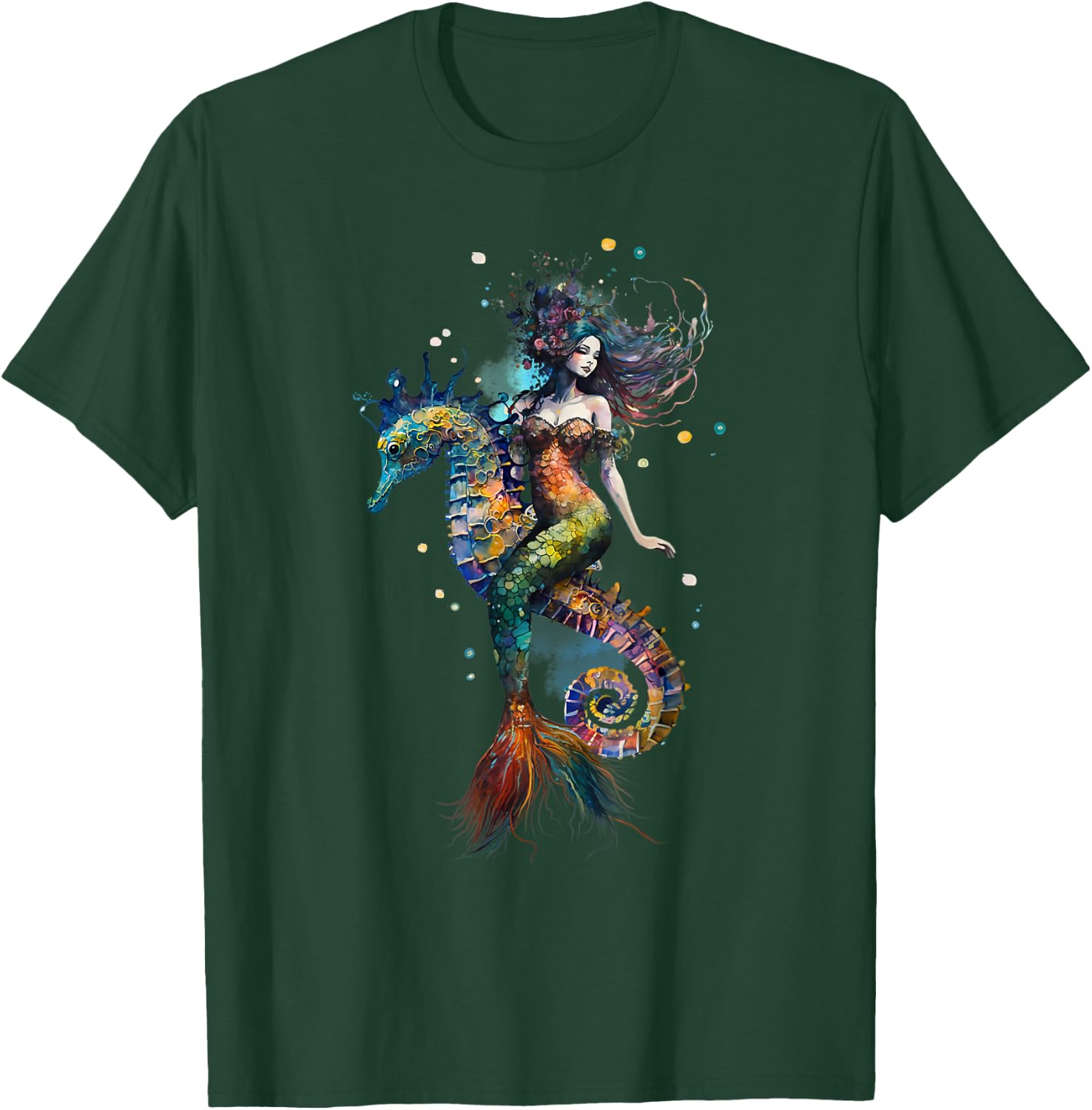 Mermaid Riding Seahorse Fantasy Ocean Mythical Creature T-Shirt - T-Shirt | Forest