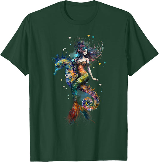 Mermaid Riding Seahorse Fantasy Ocean Mythical Creature T-Shirt - T-Shirt | Forest