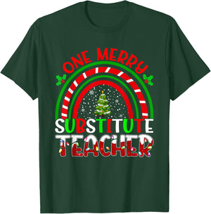 One Merry Substitute Teacher Funny Teacher Rainbow Christmas T-Shirt - T-Shirt | Forest