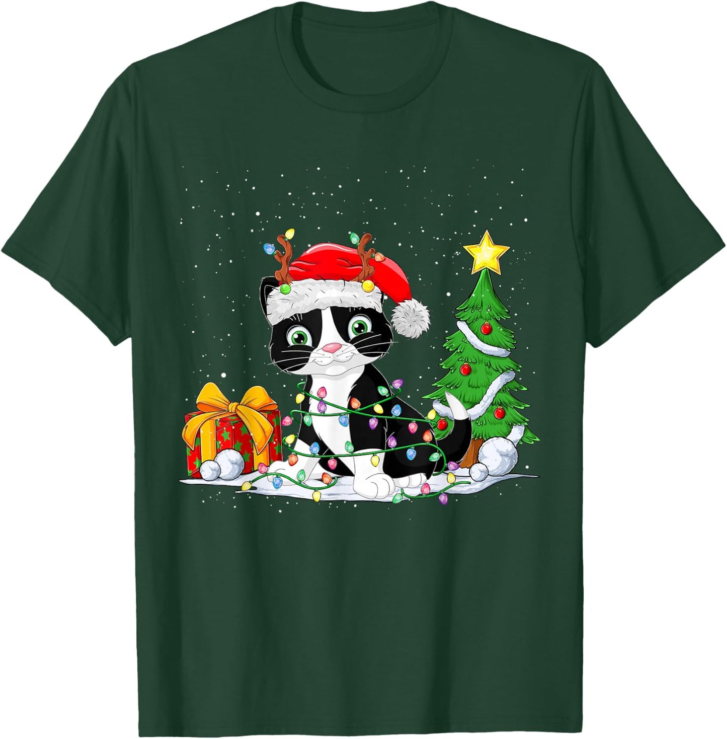 Cute Tuxedo Cat Santa Christmas Tree Lights Xmas Tuxedo Cat T-Shirt - T-Shirt | Forest
