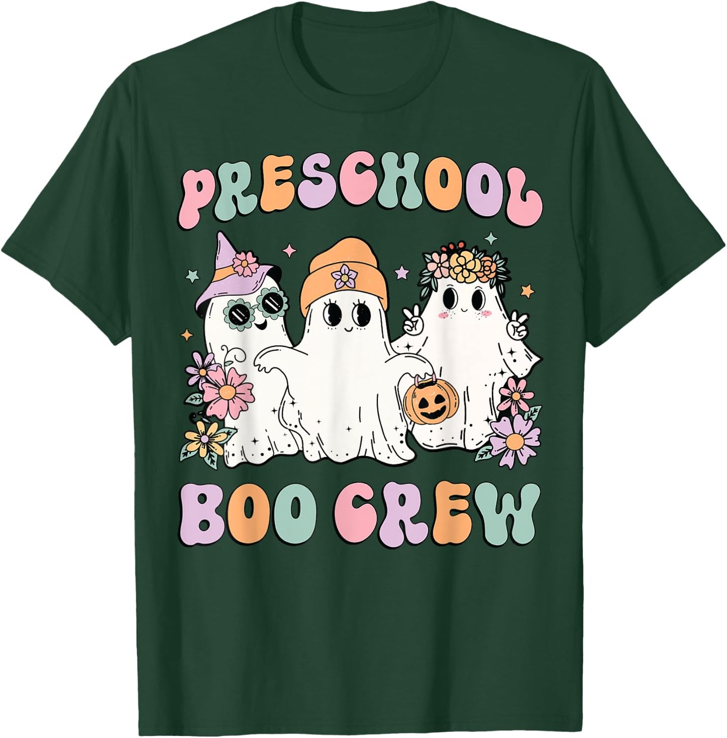 Preschool Boo Crew Groovy Halloween Floral Ghost Teacher Men Women Kids T-Shirt - T-Shirt | Forest