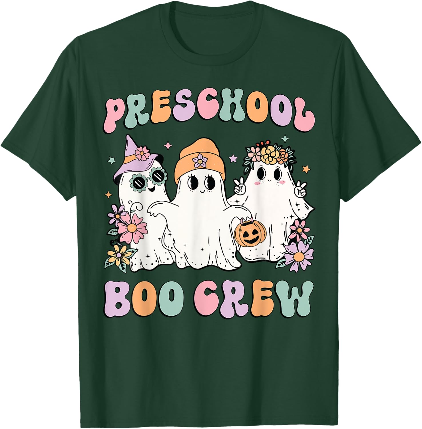 Preschool Boo Crew Groovy Halloween Floral Ghost Teacher Men Women Kids T-Shirt - T-Shirt | Forest
