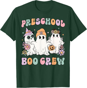 Preschool Boo Crew Groovy Halloween Floral Ghost Teacher Men Women Kids T-Shirt - T-Shirt | Forest