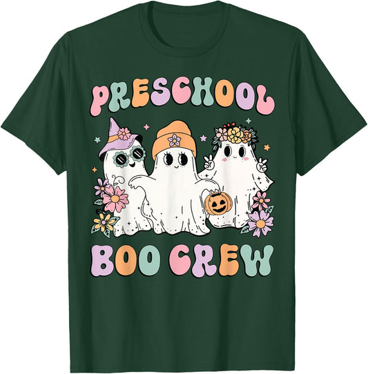 Preschool Boo Crew Groovy Halloween Floral Ghost Teacher Men Women Kids T-Shirt - T-Shirt | Forest