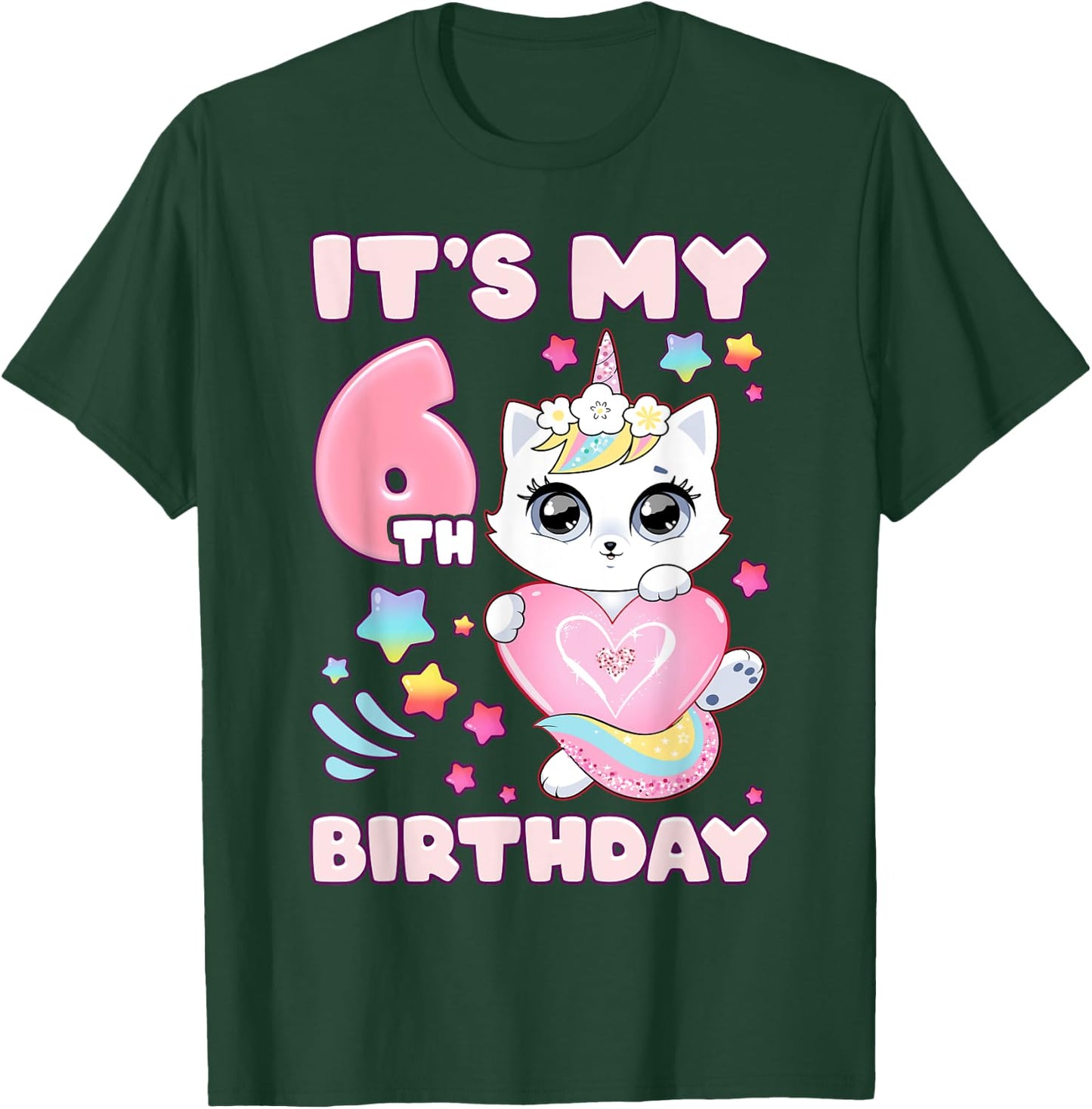 Birthday girl 6 years old, cat, unicorn, 6th birthday T-Shirt - T-Shirt | Forest