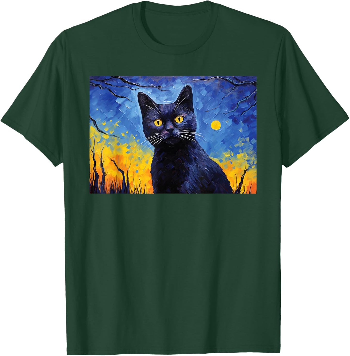 black cat Painting art Starry Night kitty kitten Van Gogh Men Women Kids T-Shirt - T-Shirt | Forest