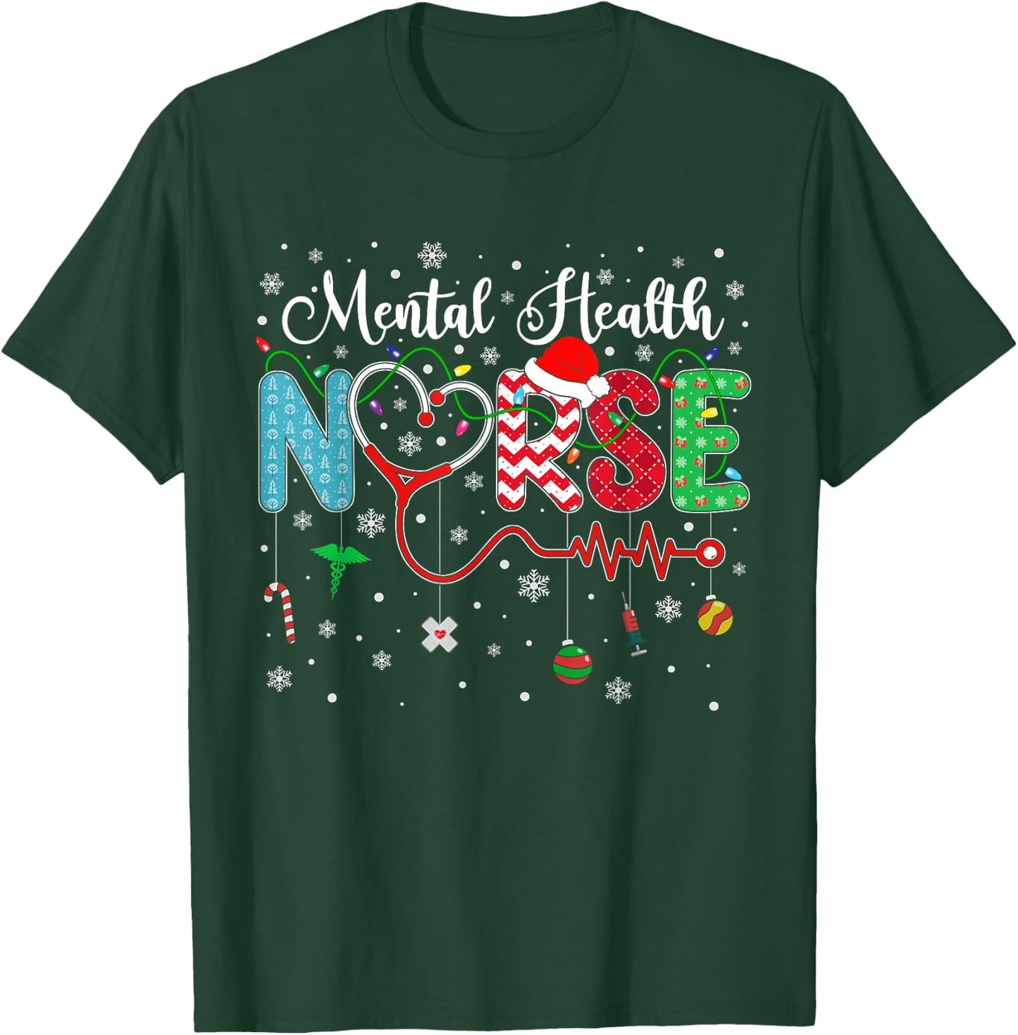 Merry Christmas Nurse Mental Health Nurse Christmas Pattern T-Shirt - T-Shirt | Forest