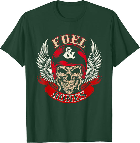 Fuel & Bones - Skull Biker Motorcycle Rider Motorbike Riding T-Shirt - T-Shirt | Forest