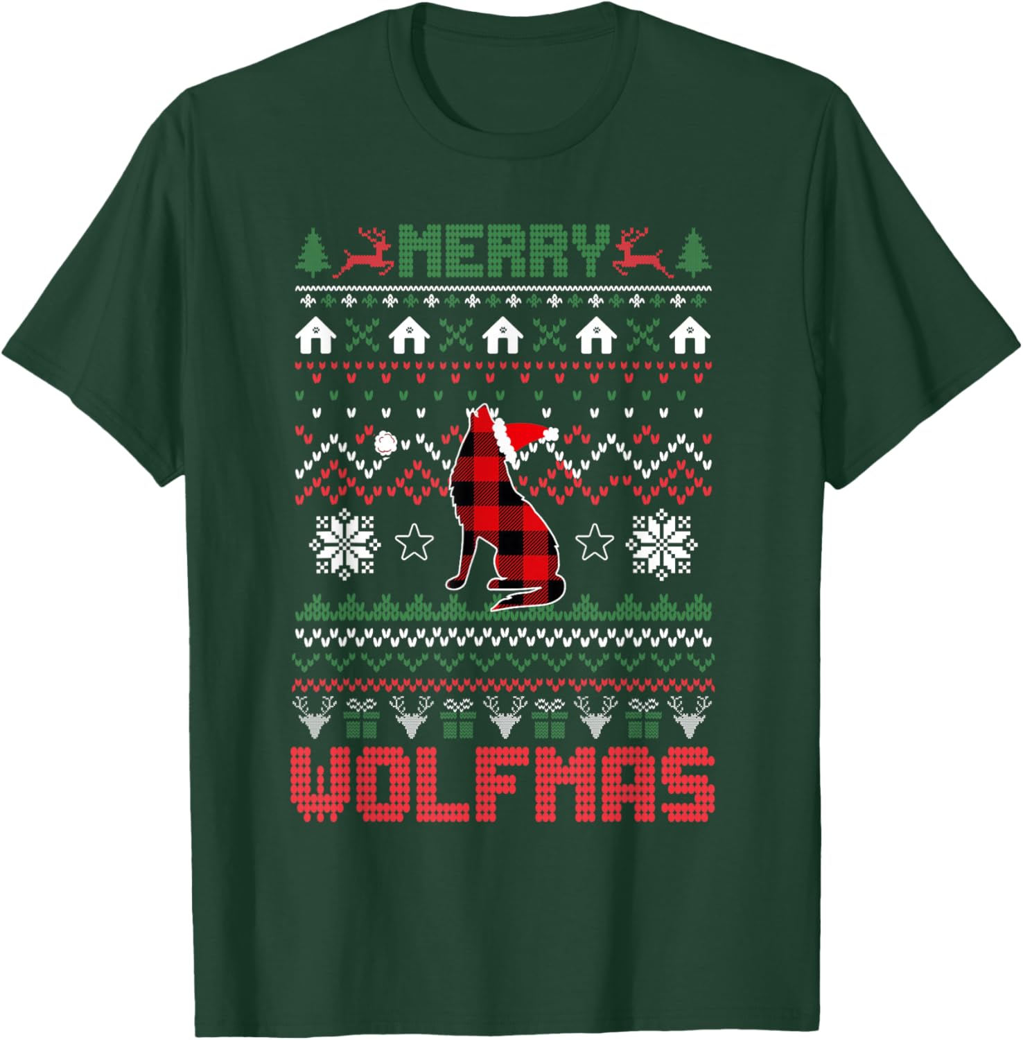 Funny Merry Wolfmas Ugly Christmas Sweater wolf Red Plaid T-Shirt - T-Shirt | Forest