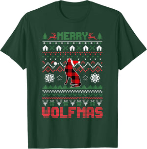 Funny Merry Wolfmas Ugly Christmas Sweater wolf Red Plaid T-Shirt - T-Shirt | Forest