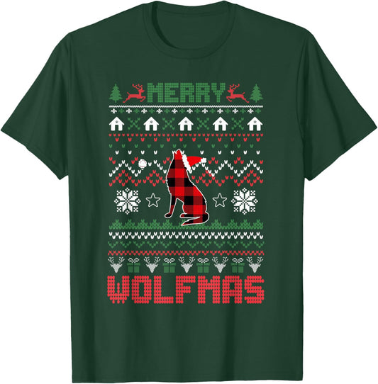 Funny Merry Wolfmas Ugly Christmas Sweater wolf Red Plaid T-Shirt - T-Shirt | Forest