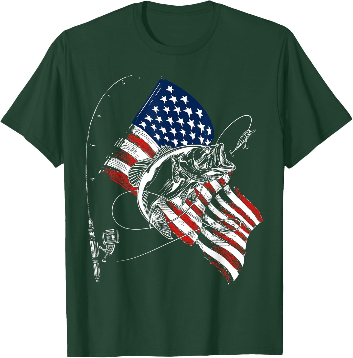 Fishing American Flag 4th Of July Fisherman Bass T-Shirt - T-Shirt | Forest