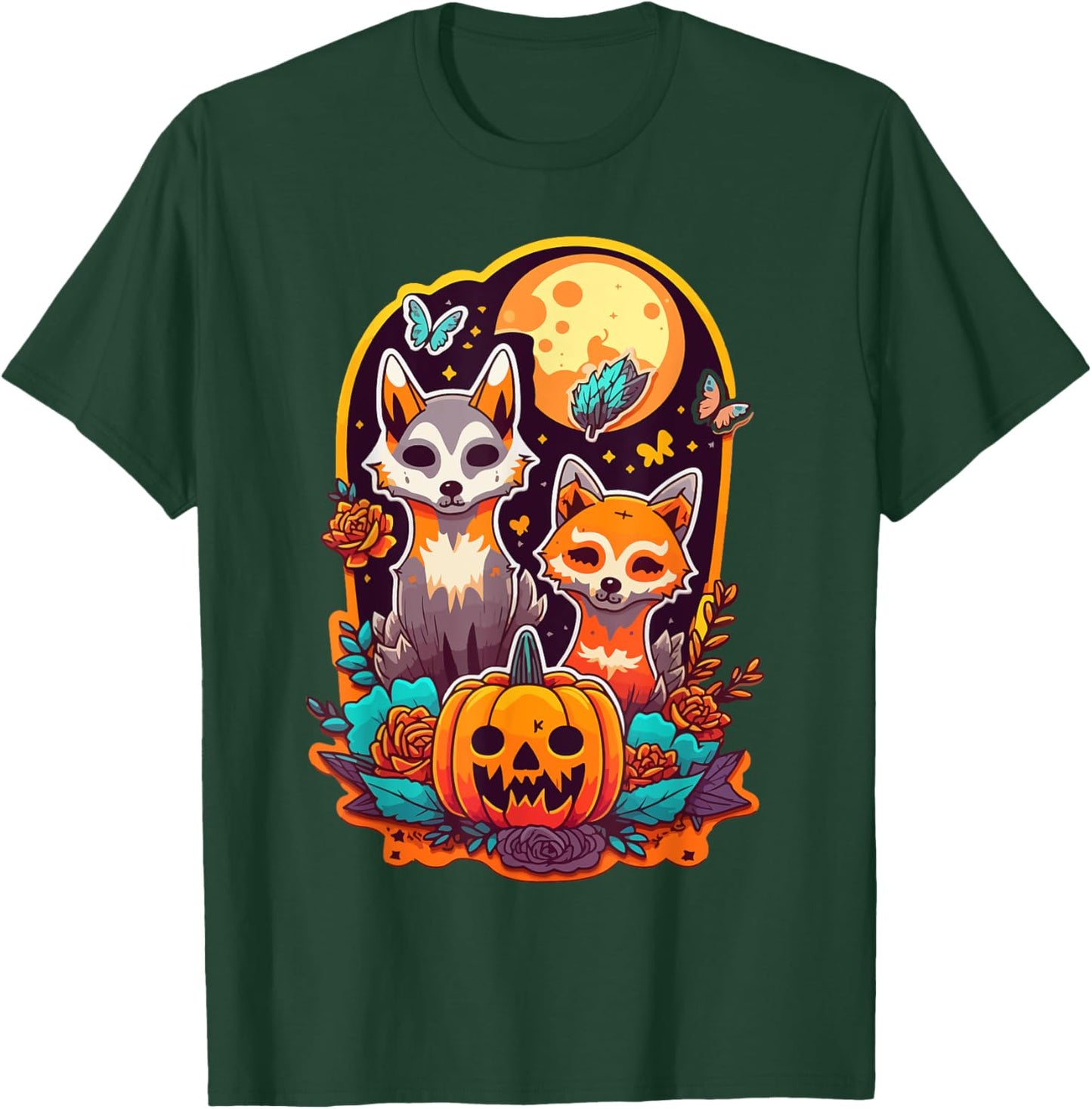 Sugar Skull Wolf Fox Cute Trick-or-treat Anime Halloween T-Shirt - T-Shirt | Forest