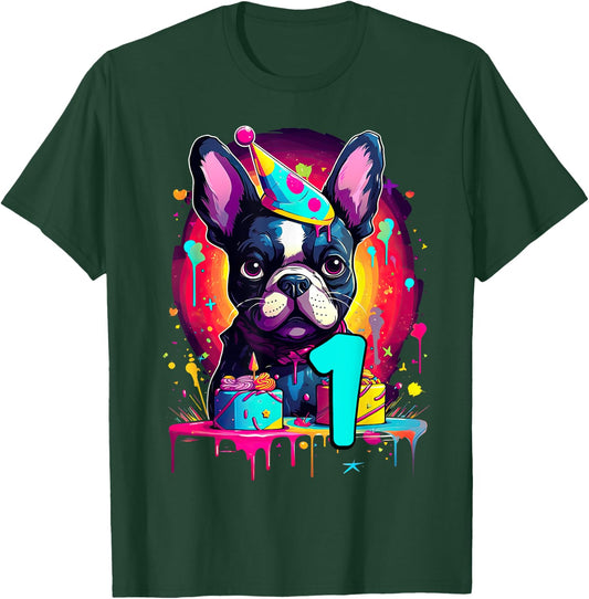 French Bulldog Dog 1st Birthday Themed Party 1 Years Old Men Women Girls Kids T-Shirt - T-Shirt | Forest