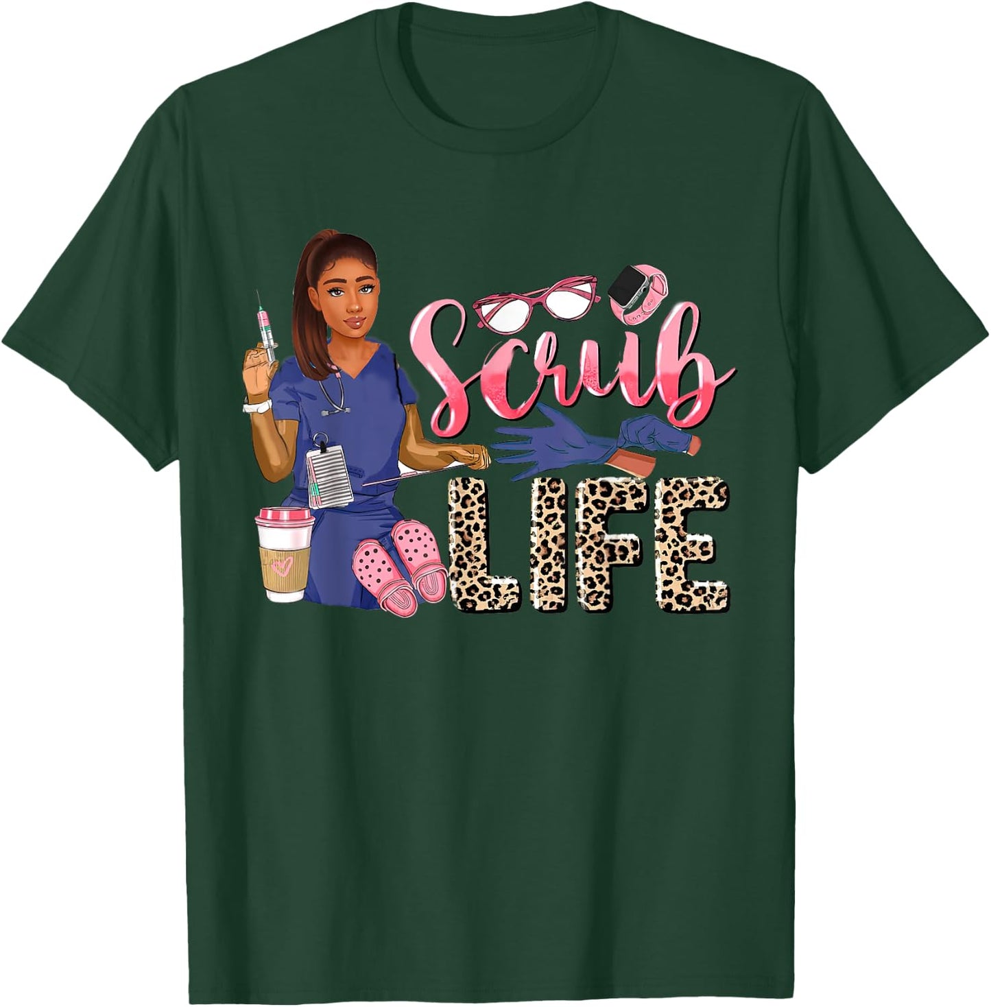 Scrub Life African American Women Leopard Nurse Clothing T-Shirt - T-Shirt | Forest