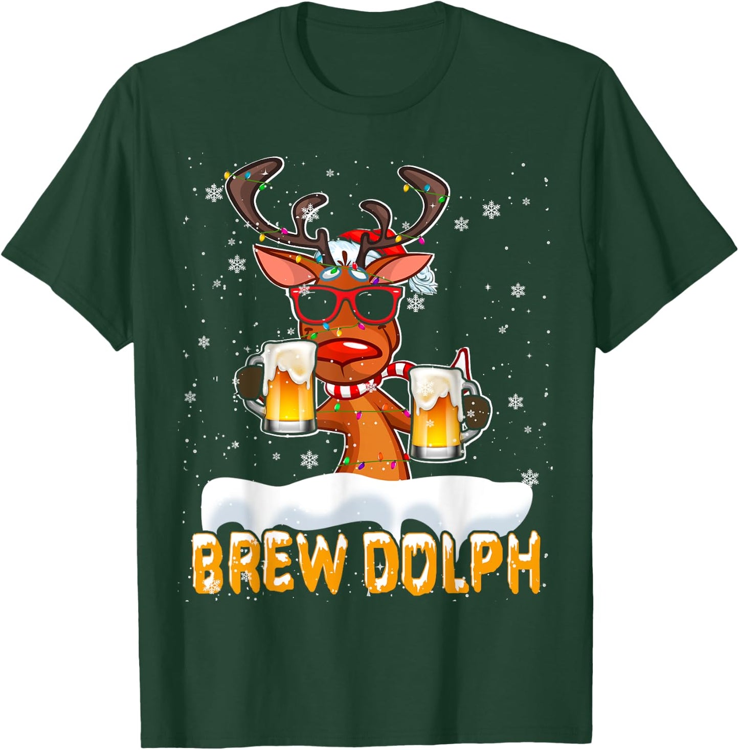 Brew Dolph Christmas Lights Santa Reindeer Beer Drinking T-Shirt - T-Shirt | Forest