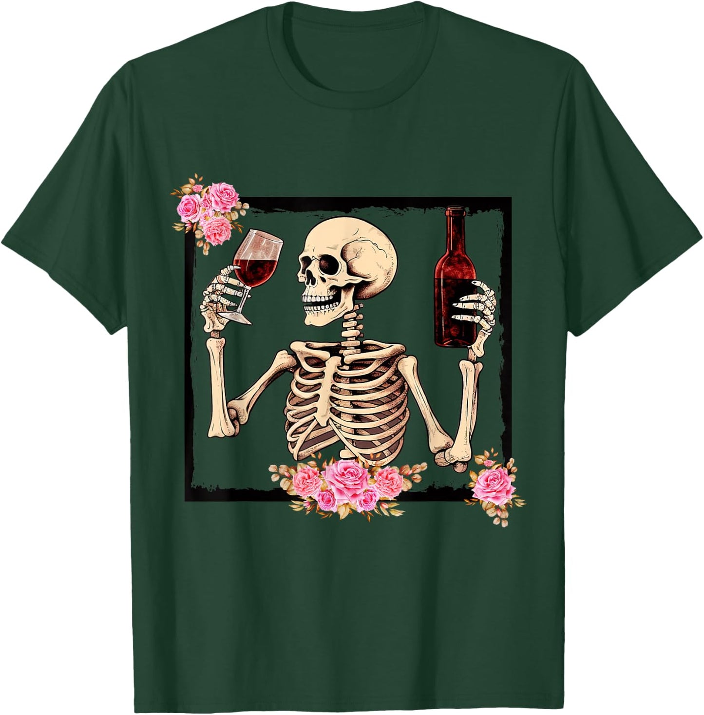 Halloween Funny Hallo-Wine Floral Skeleton Drinking Wine T-Shirt - T-Shirt | Forest