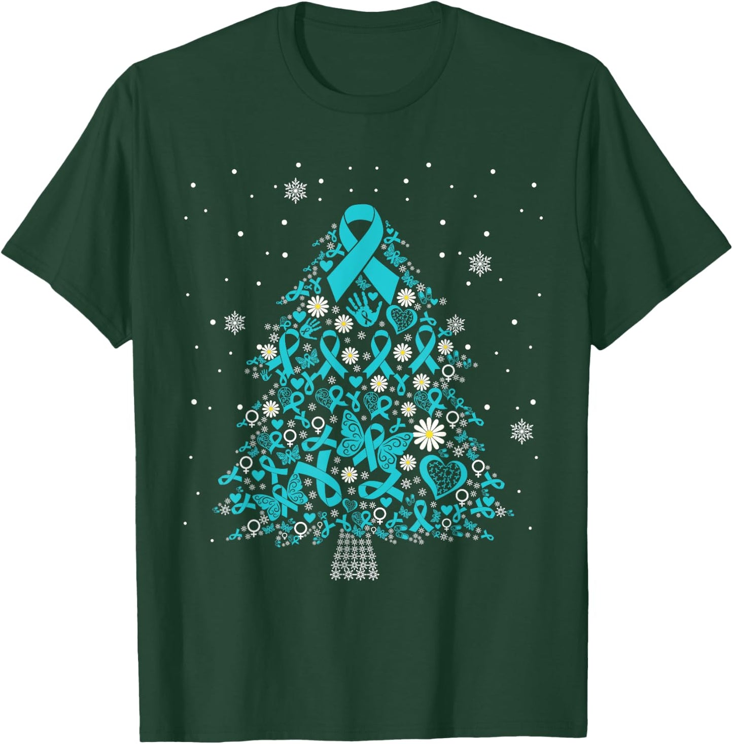 ovarian cancer awareness Christmas tree teal ribbon T-Shirt - T-Shirt | Forest