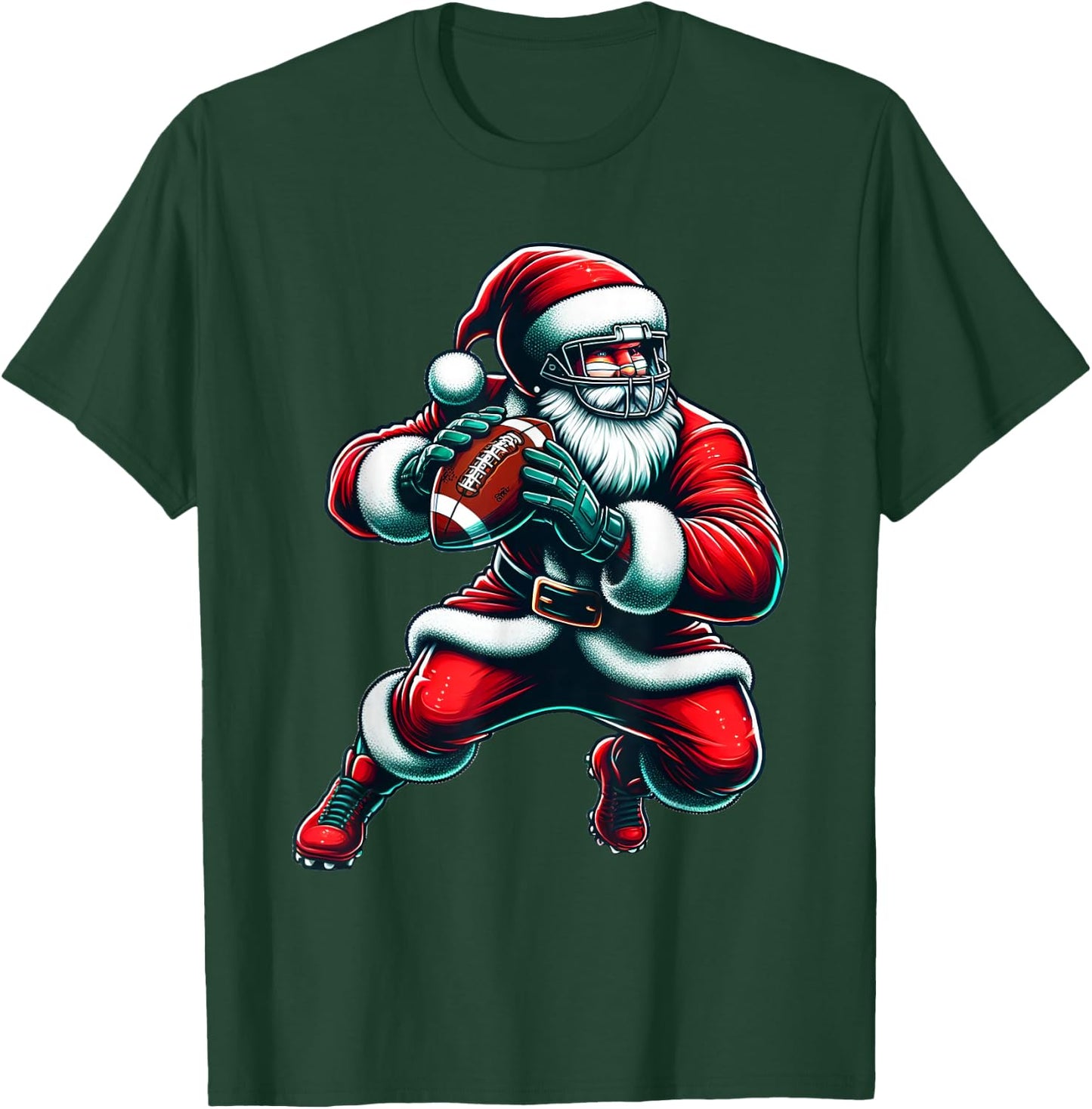 Santa Playing American Football Christmas Women Men Kids T-Shirt - T-Shirt | Forest