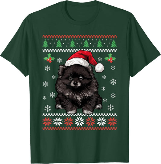 Black Pomeranian Ugly Christmas Sweater Xmas For Adults Kids T-Shirt - T-Shirt | Forest