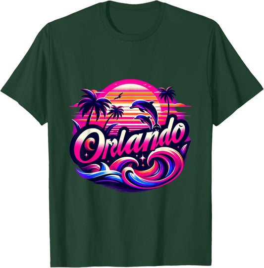 Orlando Beach, Florida with dolphins and palm trees. T-Shirt - T-Shirt | Forest
