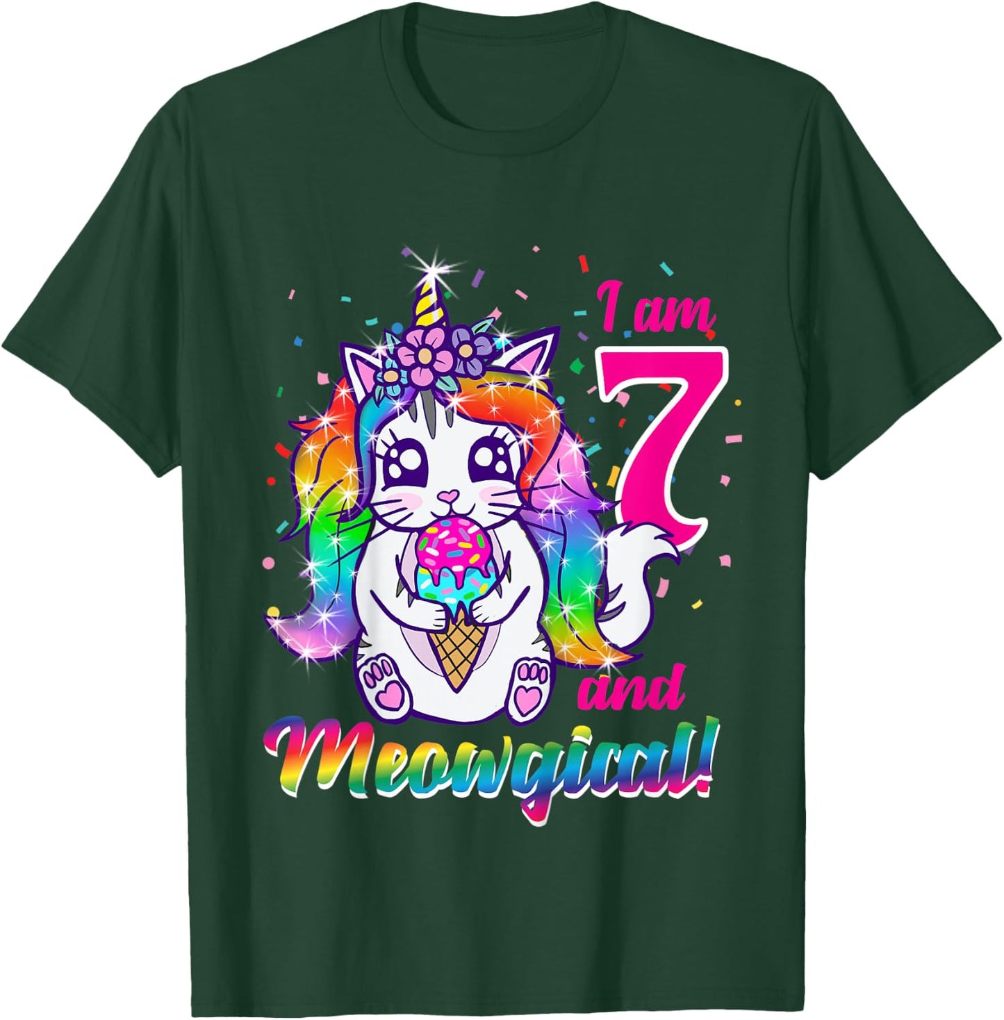Kids I am 7 and meowgical caticorn kittycorn birthday theme party T-Shirt - T-Shirt | Forest