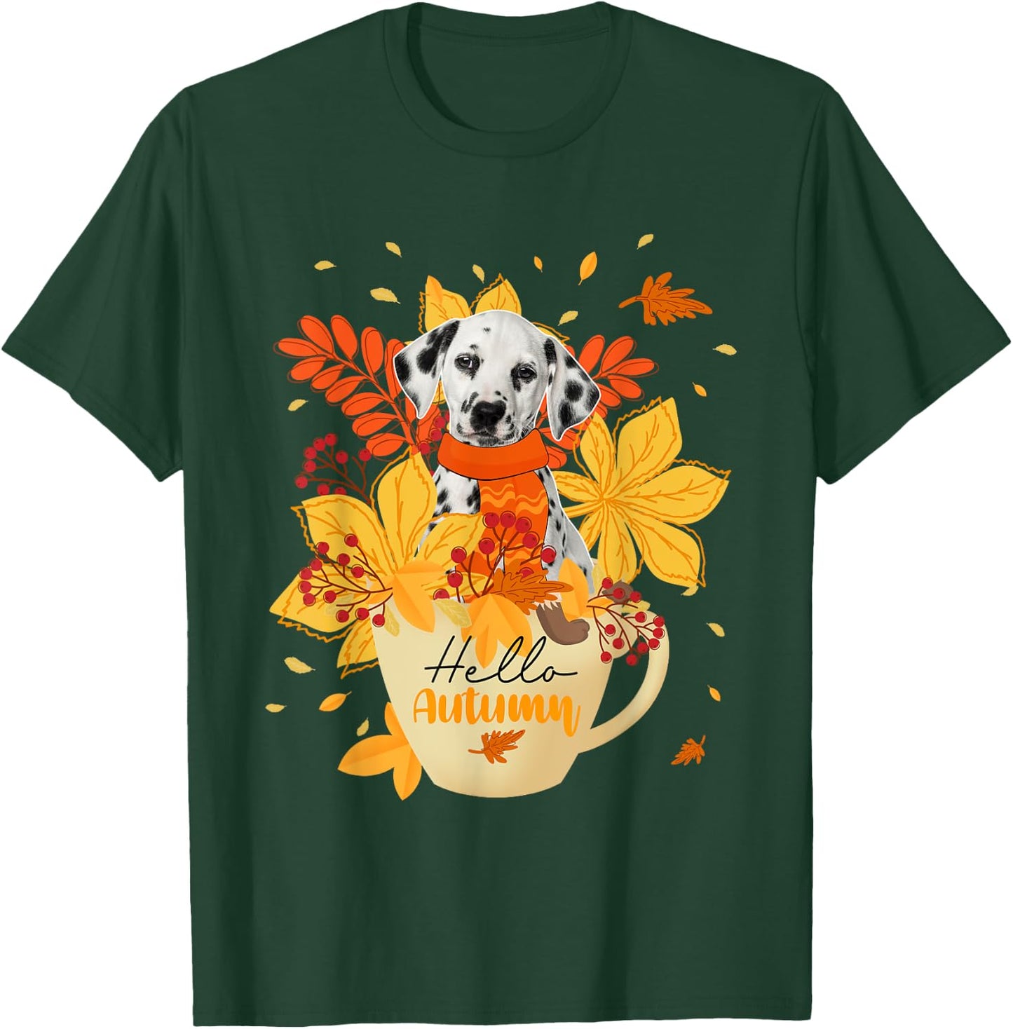 Hello Autumn Thanksgiving Dalmatian Inside Cup Fall Leaves T-Shirt - T-Shirt | Forest