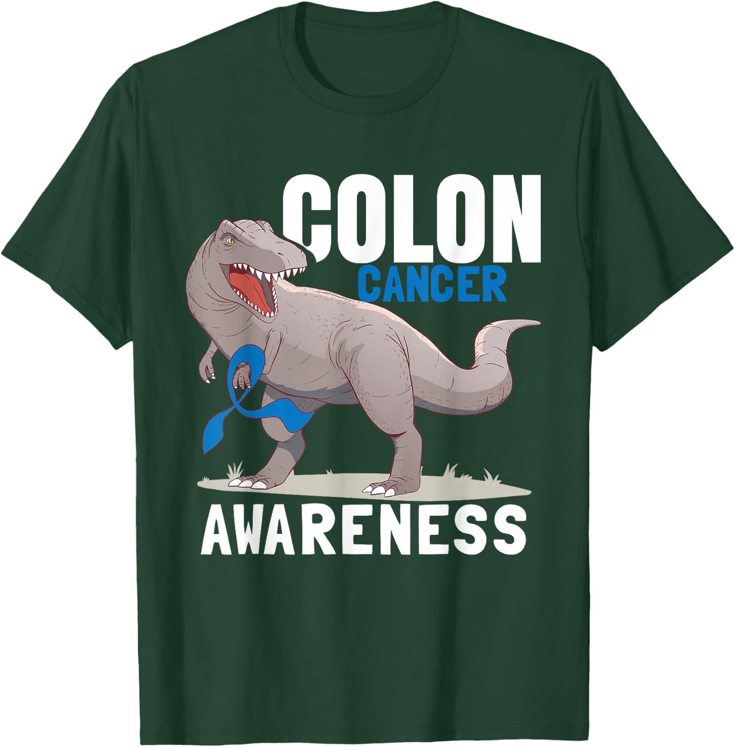 Dinosaur Blue Ribbon Colorectal Colon Cancer Awareness T-Shirt - T-Shirt | Forest