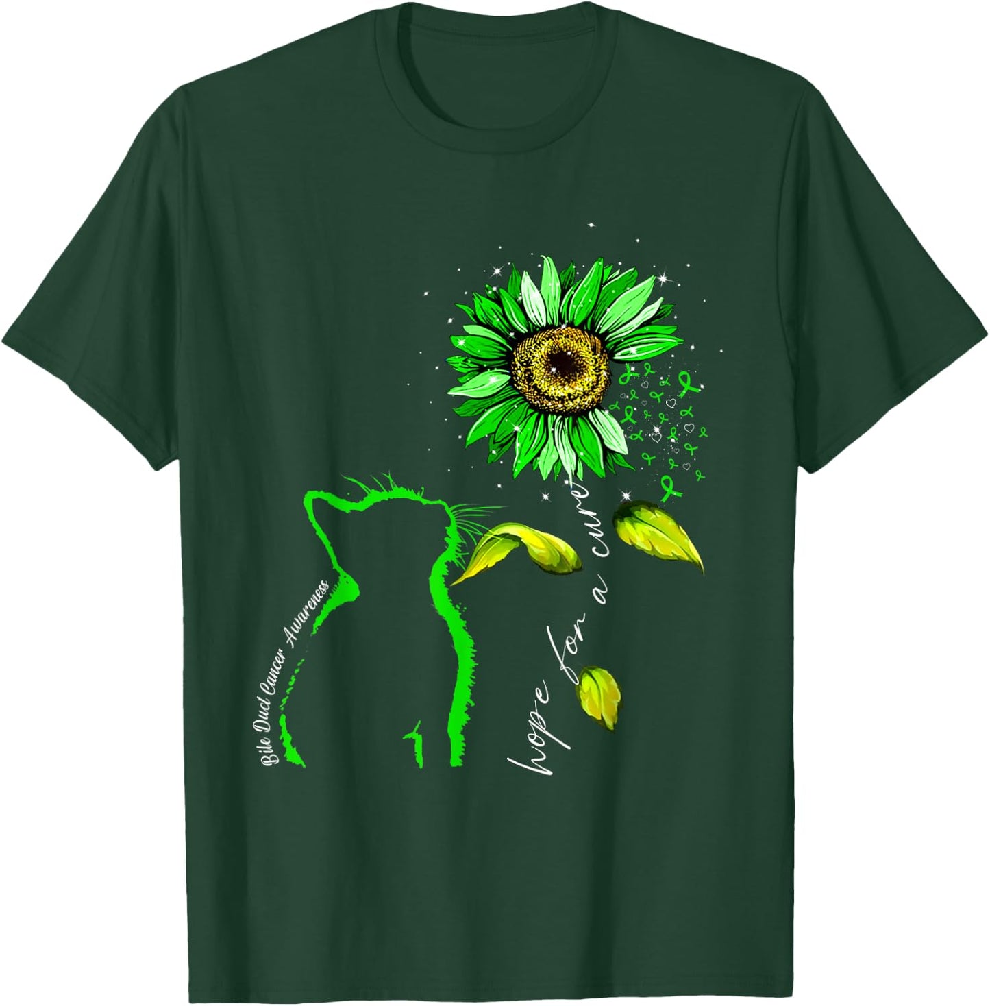 Sunflower Cat Green Bile Duct Cancer Awareness T-Shirt - T-Shirt | Forest