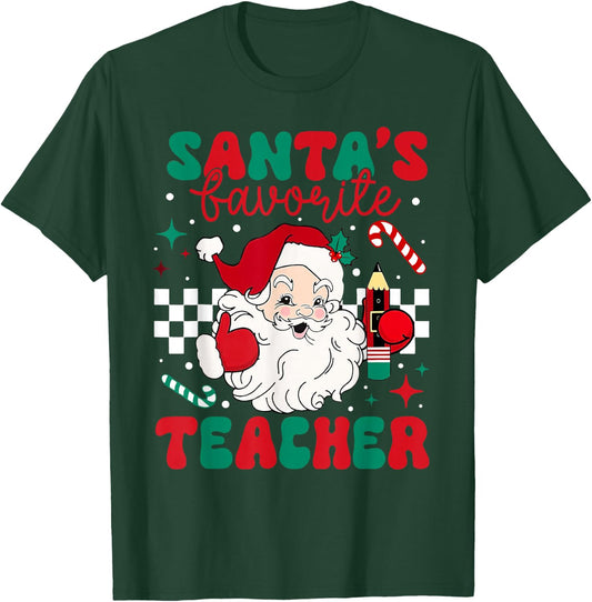 Santa's Favorite Teacher Christmas Retro Xmas Santa Claus PJ T-Shirt - T-Shirt | Forest