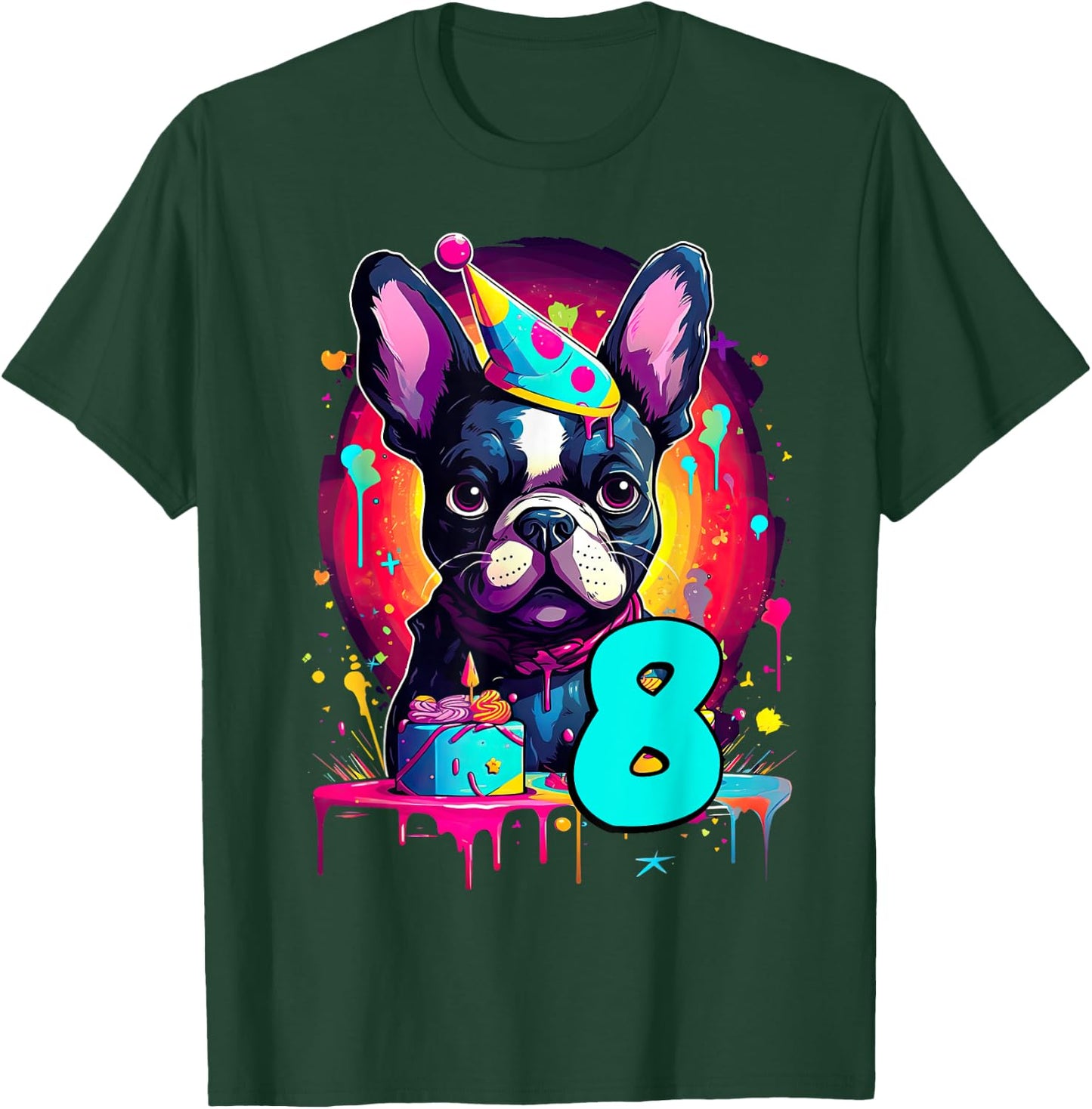 French Bulldog Dog 8th Birthday Themed Party 8 Years Old T-Shirt - T-Shirt | Forest