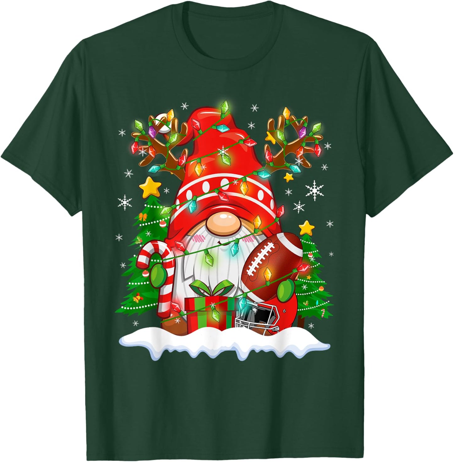Funny Reindeer Gnome & Football Ball Christmas Lights Xmas T-Shirt - T-Shirt | Forest