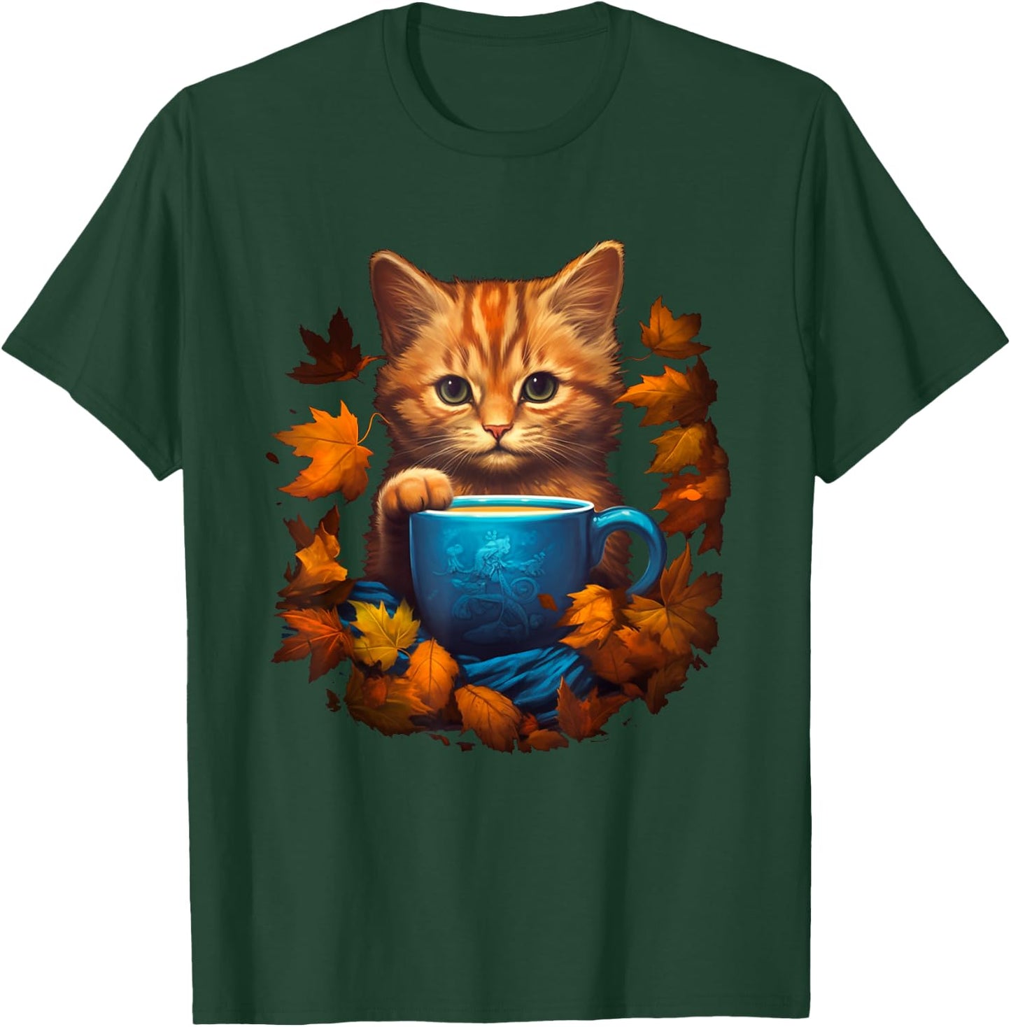 Funny Cat & Coffee Fall Autumn Leaves For Cat Lovers Costume Men Women T-Shirt - T-Shirt | Forest