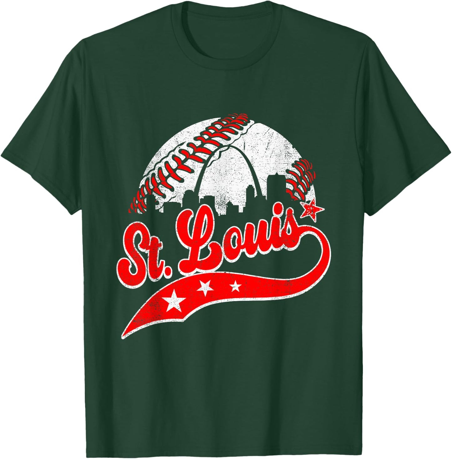 St. Louis Cityscape Distressed Baseball Men Women Kids T-Shirt - T-Shirt | Forest