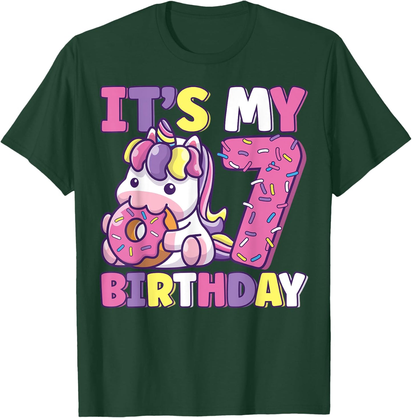 It's My 7th Birthday Party Cute Girls Donut Birthday Unicorn T-Shirt - T-Shirt | Forest