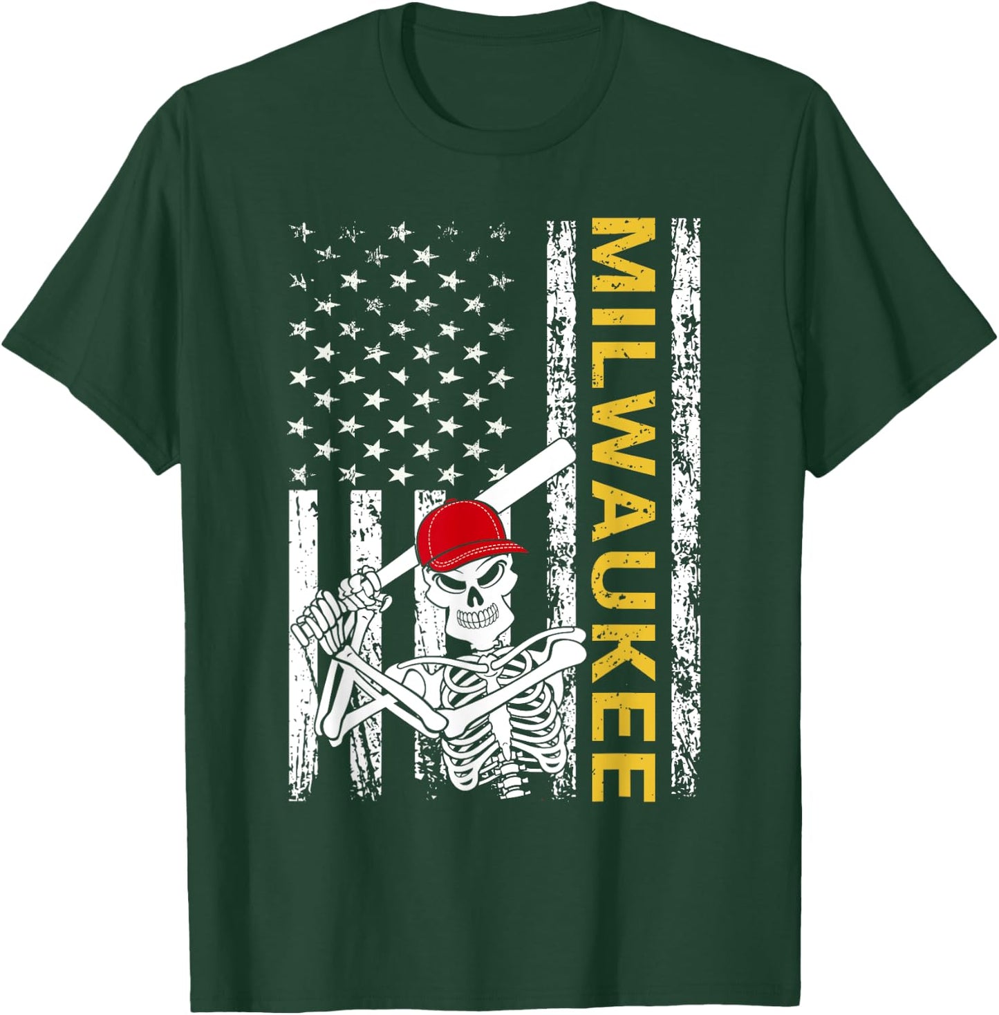 Milwaukee Halloween US Flag Skeleton Baseball Players T-Shirt - T-Shirt | Forest