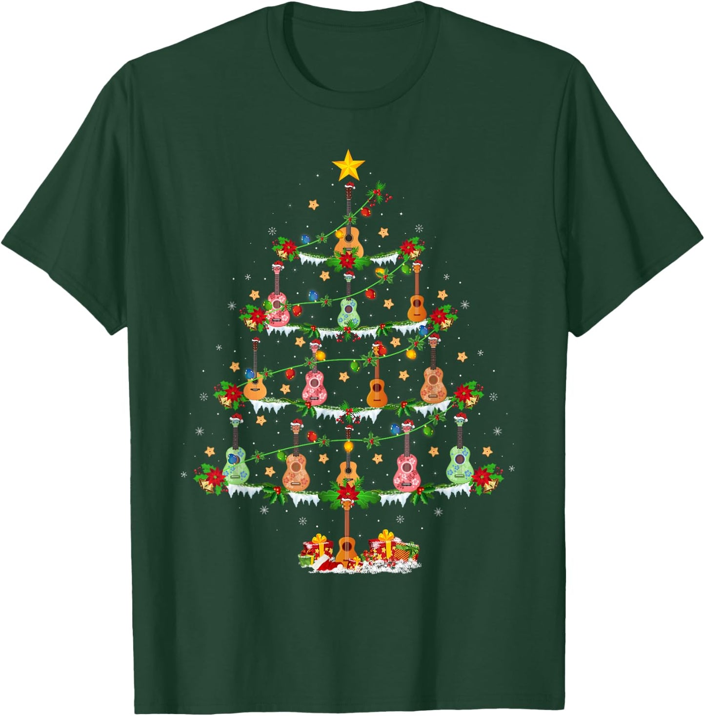Ukulele Lover Xmas Lighting Santa Ukulele Christmas Tree T-Shirt - T-Shirt | Forest